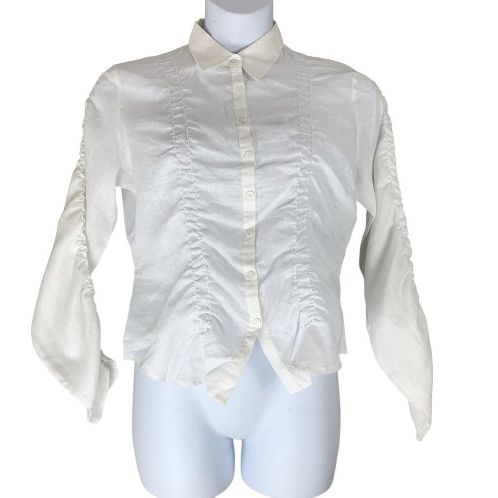 Nougat London Size 12 US sizing Blouse White Linen Long Sleeve Button Up Ruched